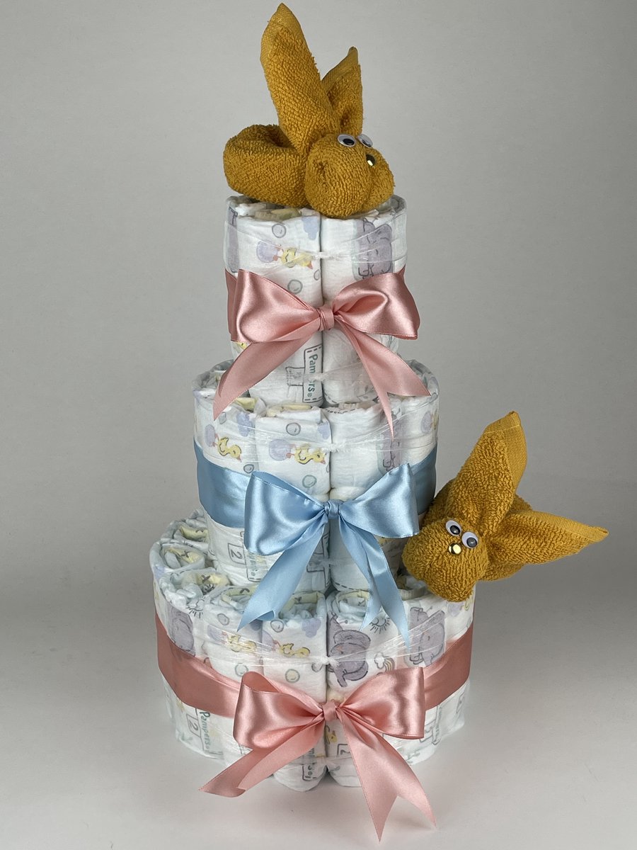 Chouette-Chouette | Luiertaart Neutraal | Kraamcadeau | Geboorte Jongen Meisje | Babyshower | Konijnen Oker - donker Poeder Roze - Blauw