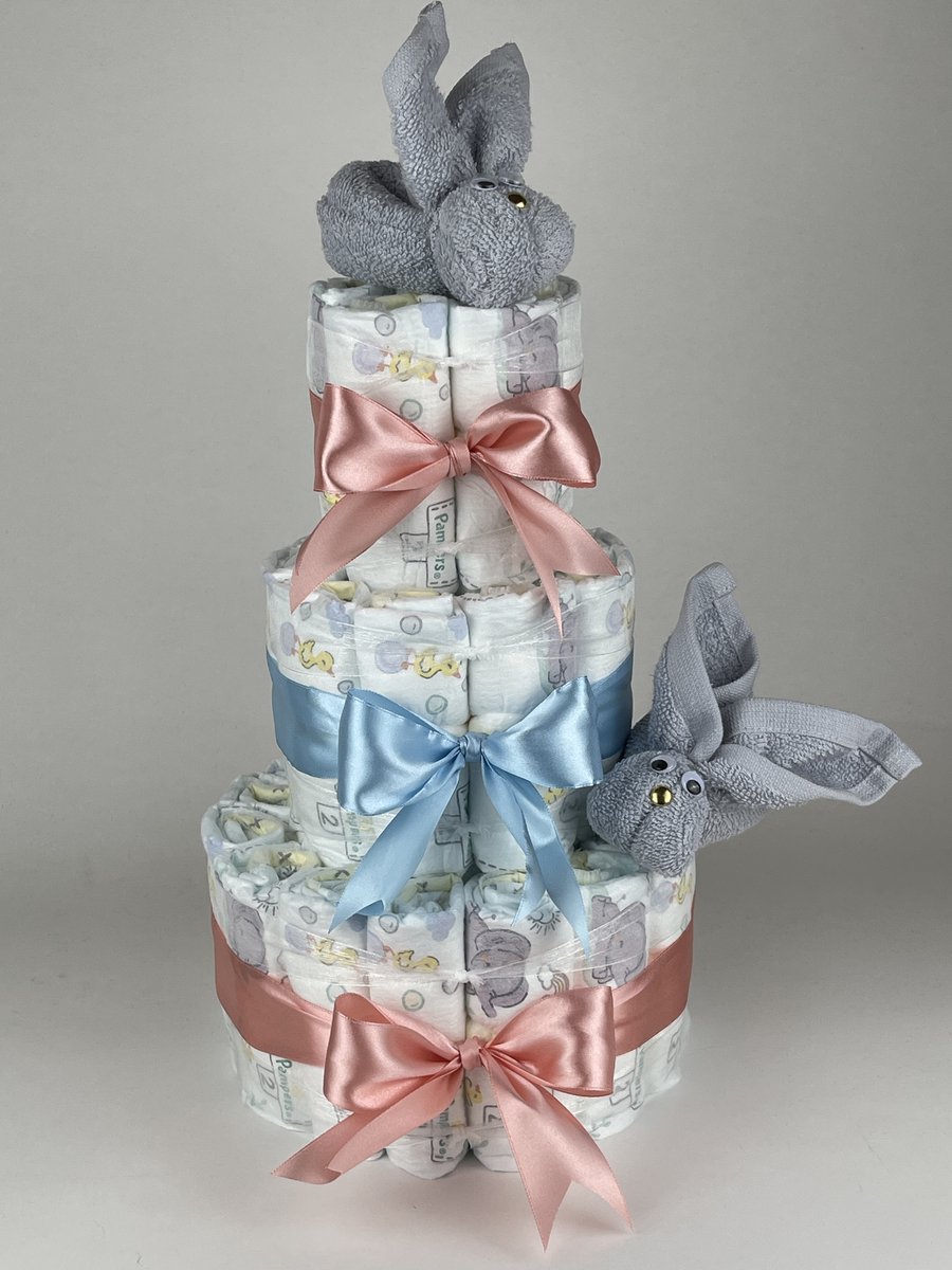Chouette-Chouette | Luiertaart Neutraal | Kraamcadeau | Geboorte Jongen Meisje | Babyshower | Konijnen Grijs - donker Poeder Roze - Blauw