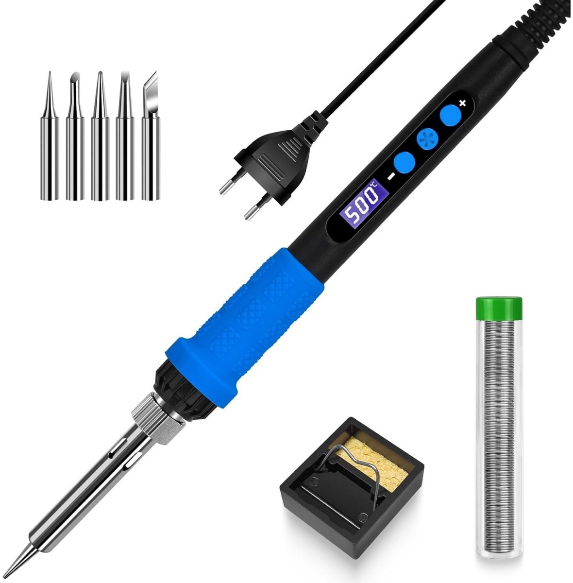 TOVBMUP Soldeerbout Set - 100W Soldeerset met LCD Display - Incl. 5 Lottips, Soldeerdraad, Stand & Spons - Temperatuurinstelling 180-500°C - Automatische Sluimermodus - Geschikt voor Elektronica Reparatie - ABS Materiaal - 220V EU Stroomstekker
