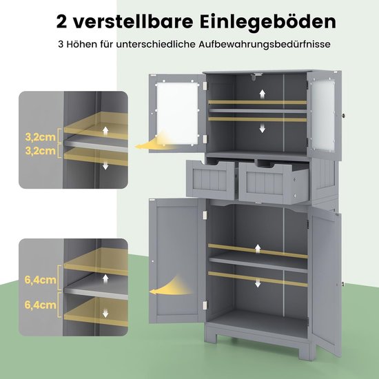 COSTWAY Badkamerkast met 2 laden en 4 deuren, badkamerkast met verstelbare planken, opbergkast voor badkamer, keuken, woonkamer (grijs)