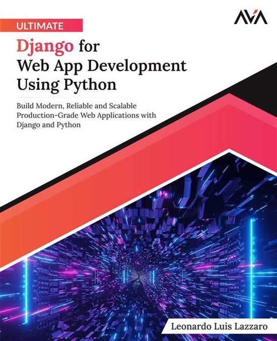 Boekomslag 'ULTIMATE Django for Web App Development Using Python' met een futuristisch rood en paars digitaal landschap.