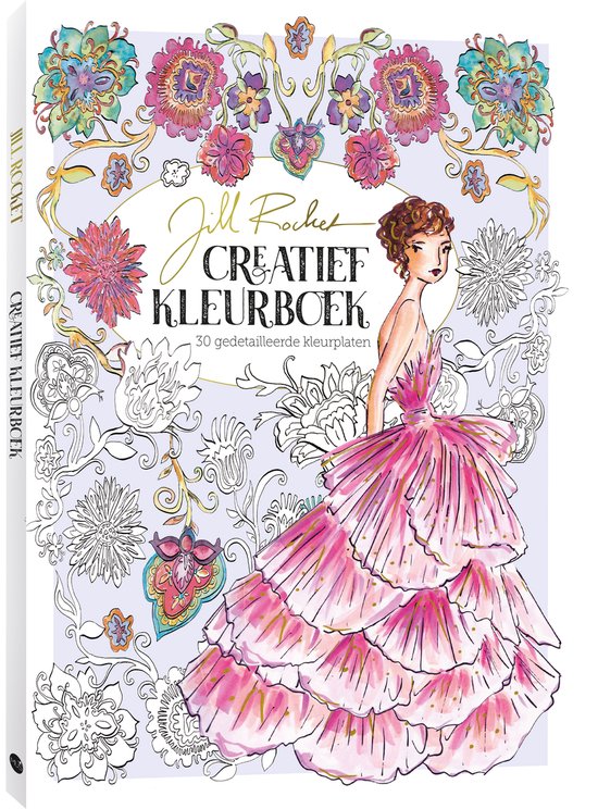 Cover van Jill Rocket Creatief Kleurboek: Een vrouw met een roze gelaagde jurk, omringd door florale patronen.