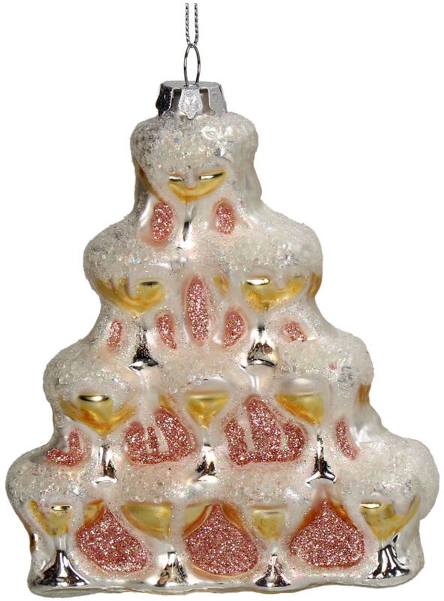 Champagne glazen kerstornament hanger, gestapeld design, 14 cm hoog.