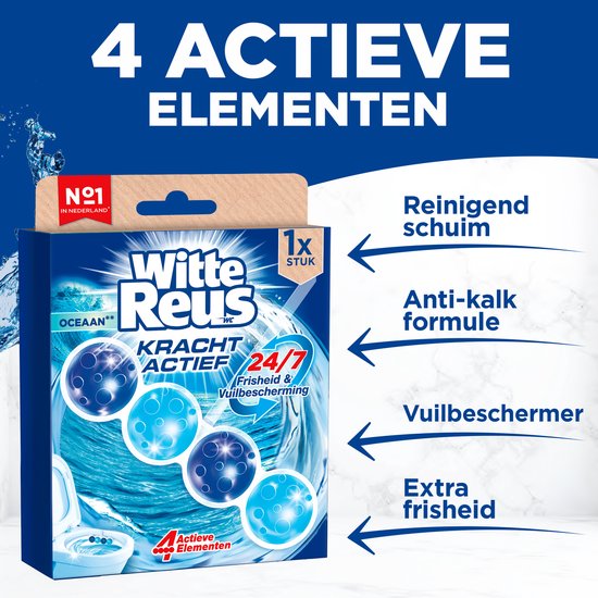 Witte Reus Kracht Actief Oceaan wc-blokjes met 4 actieve elementen: reinigend schuim, anti-kalk, vuilbescherming, extra frisheid.