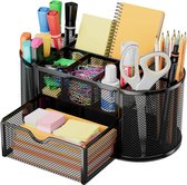 Organiseur de bureau en métal - Organiseur de bureau à 8 compartiments et 1 tiroir - Porte-stylo en filet - Opbergbox antidérapante - Zwart - 22 x 11 x 10,5 cm