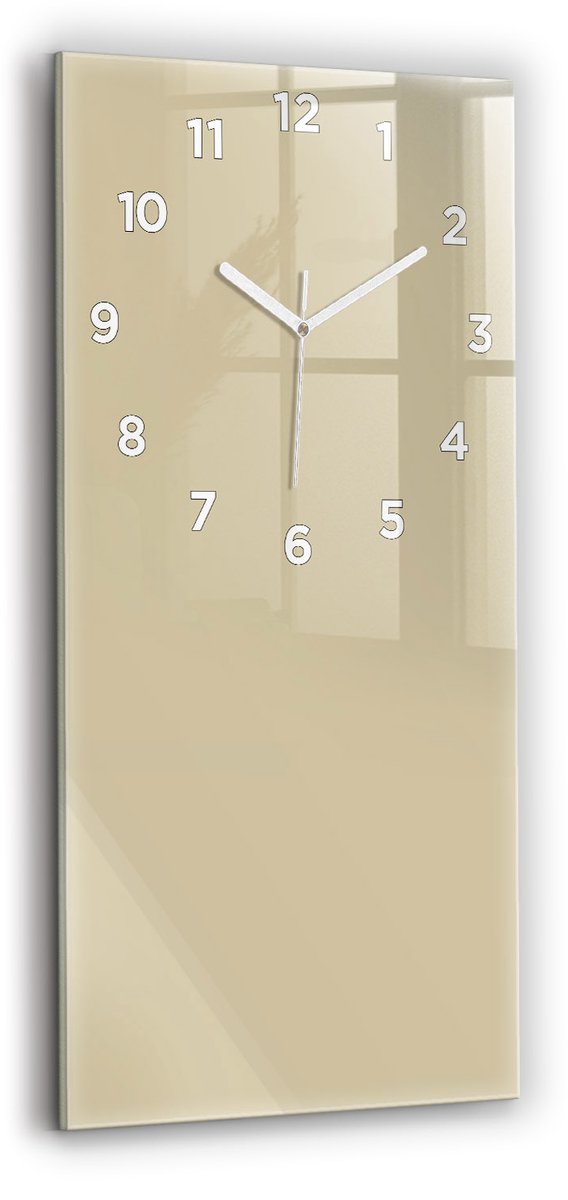 Wallfluent Wandklok - Beige Rechthoekige Glazen Wandklok - 30 cm x 60 cm - Beige Wandklok - Witte Handen - Wandklok Met Cijfers - Wandklok voor in de Keuken - Glazen Klok Rechthoekige - Minimalistisch Wandklok - Rechthoekige Glas Klok