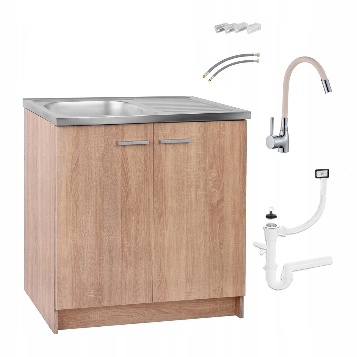 STAMAR - Keukenmeubel Spoelbak 80cm Kraan Elast Beige Afvoerbeugels - Eiken Sonoma