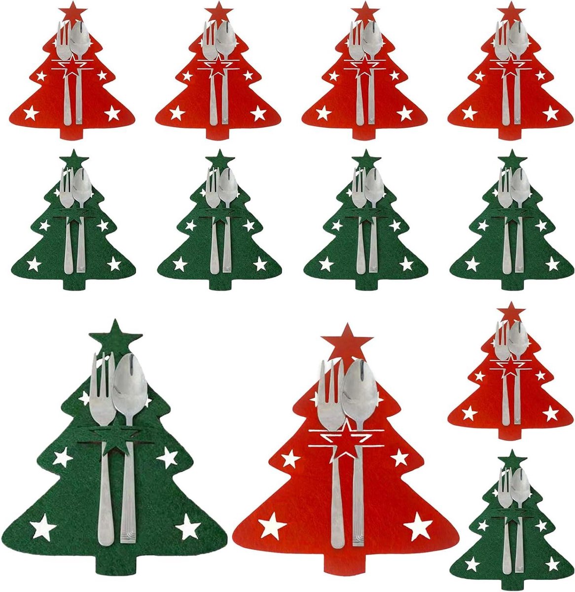 Feestelijke vilten bestekzakken in de vorm van kerstbomen, set van 12 stuks, voor kerst tafeldecoratie.