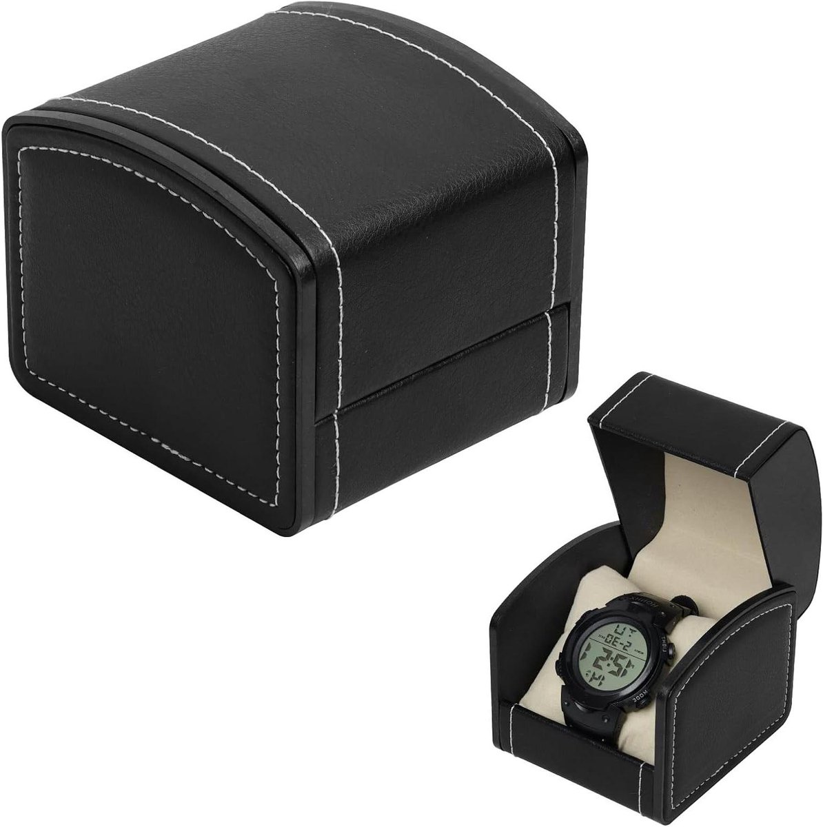 Brenzoos - Horloge- en sieradenopbergkoffer van PU-leer, draagbaar, vierkant design (zwart), geschikt voor de meeste horloges - Horlogedoos