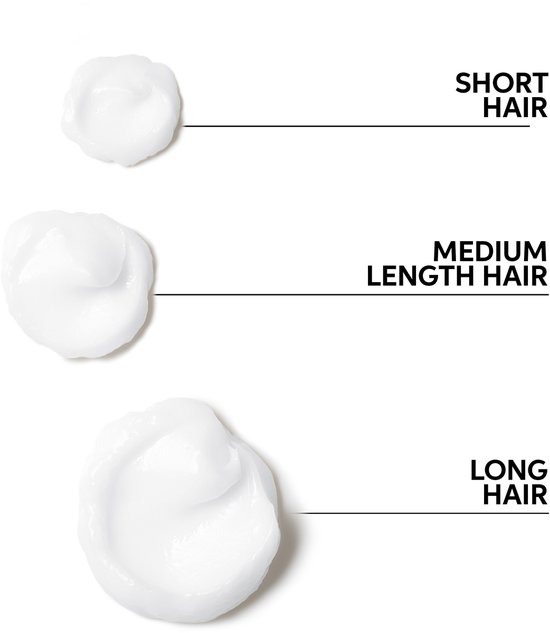 Drie witte klodders crème: klein voor kort haar, middel voor middellang haar, groot voor lang haar.