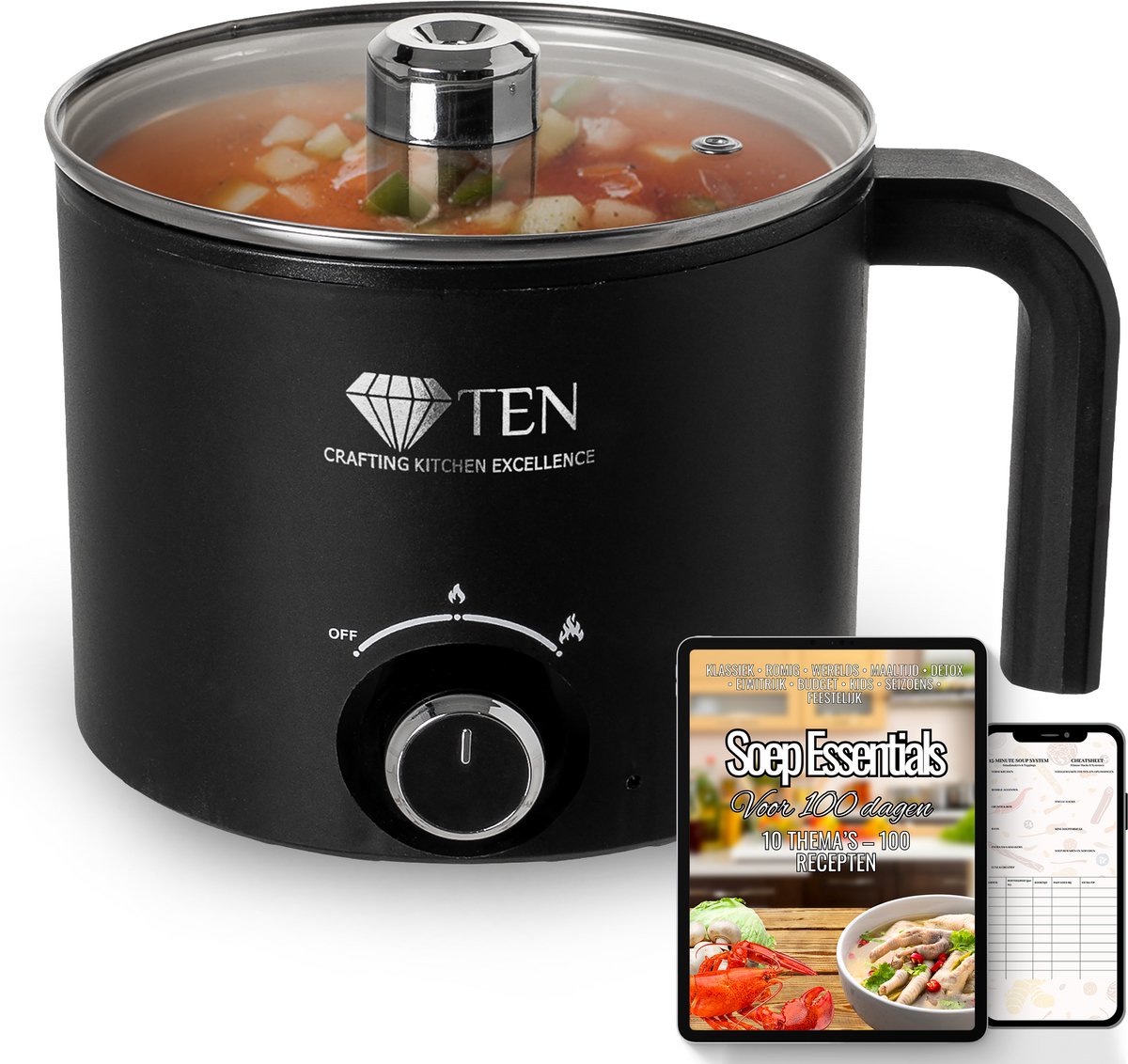 TEN® - Mini Soepmaker/Hotpot 1.5L Elektrisch – Soupmaker 200W/600W + 100 SOEPGERECHTEN Digitaal Recepten boek - Zwart