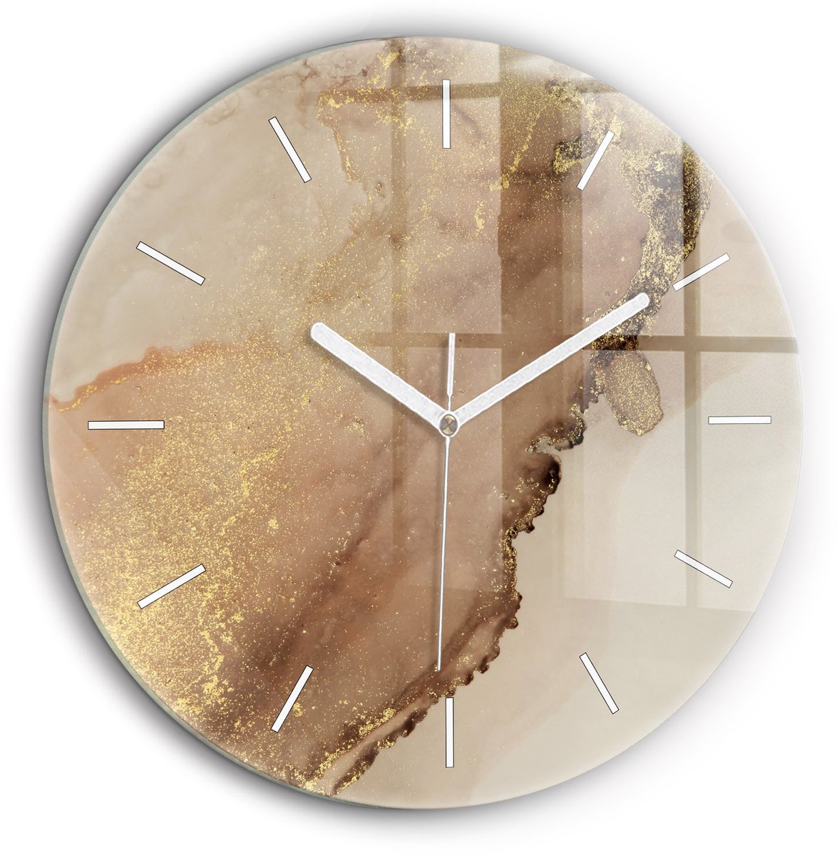 Wallfluent Wandklok - Beige moderne kunst Klok met Afbeelding - 60 cm x 60 cm - Bruin Wandklok - Witte Handen - Wandklok Zonder Cijfers - Wandklok voor in de Keuken - Ronde Glas Klok - Industrieel Wandklok - Unieke Wandklok