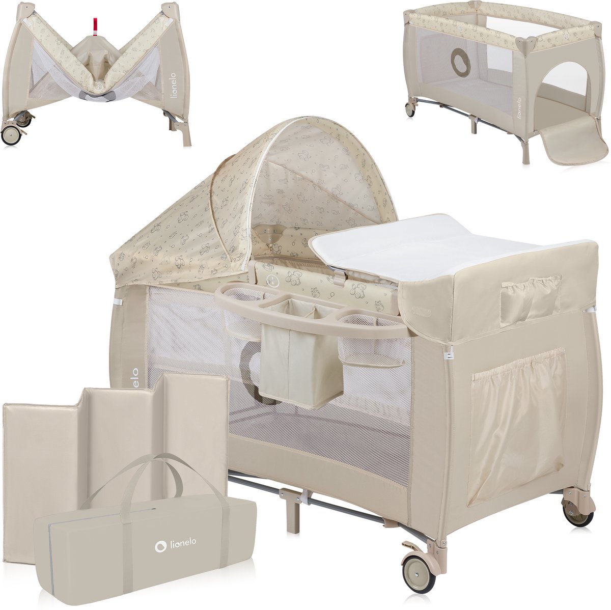 Lionelo Sven Plus 2in1 Meegroeibed & Campingbedje - 127x60 cm - Tot 15 kg - Co-Sleeper - Reisbed met Commode, Organizer, Klamboe en Interactief Speelgoed