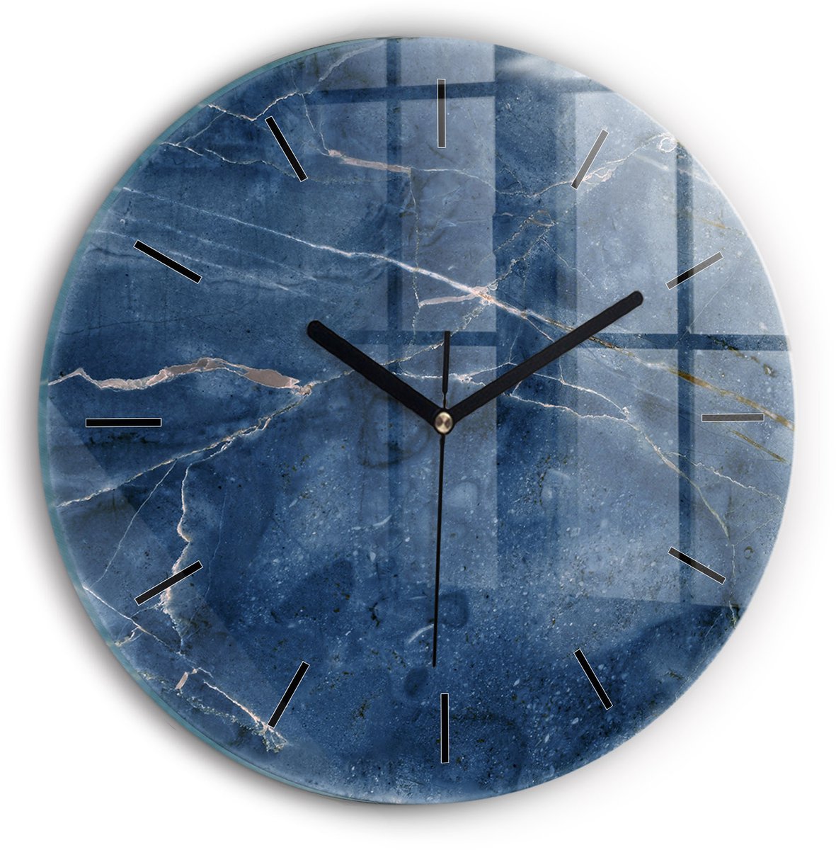 Wallfluent Wandklok - Blauwe marmertextuur Klok met Print - 30 cm x 30 cm - Blauw Wandklok - Zwarte Handen - Wandklok Zonder Cijfers - Wandklok Glas Woonkamer - Ronde Glas Klok - Minimalistisch Wandklok - Klok met Afbeelding