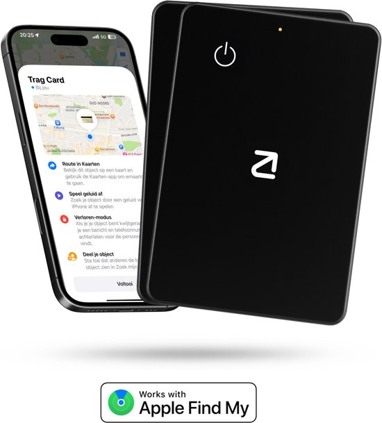Zwarte tracker naast een iPhone die de 'Zoek Mijn' app toont.