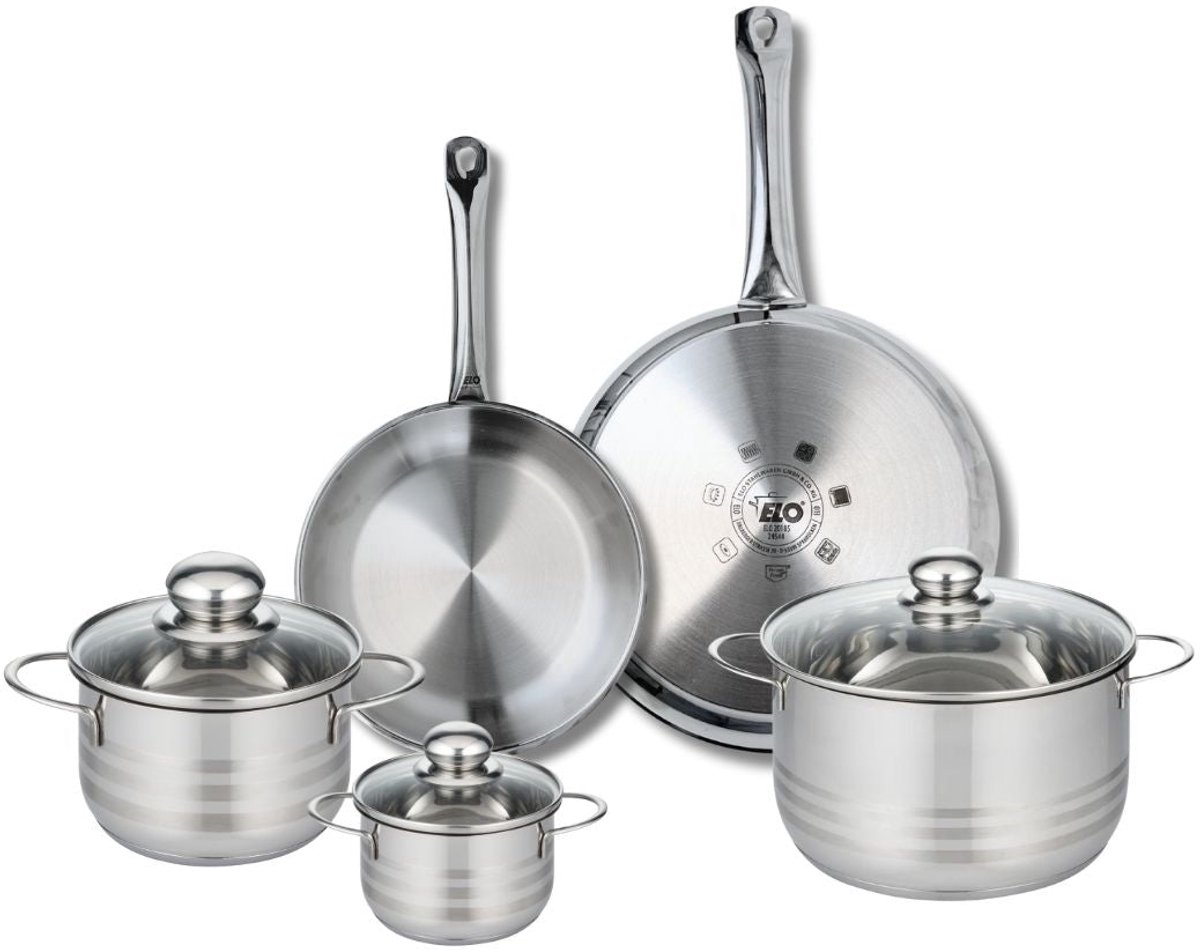 Set van 2 Koekenpannen 24 en 28 cm en 3 Kookpotten 12, 16 en 20 cm Elo Profi Brillant