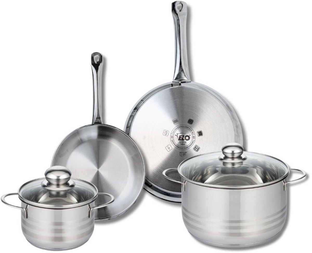 Set van 2 Koekenpannen 24 en 28 cm en 2 kookpotten 16 en 24 cm Elo Profi Brillant