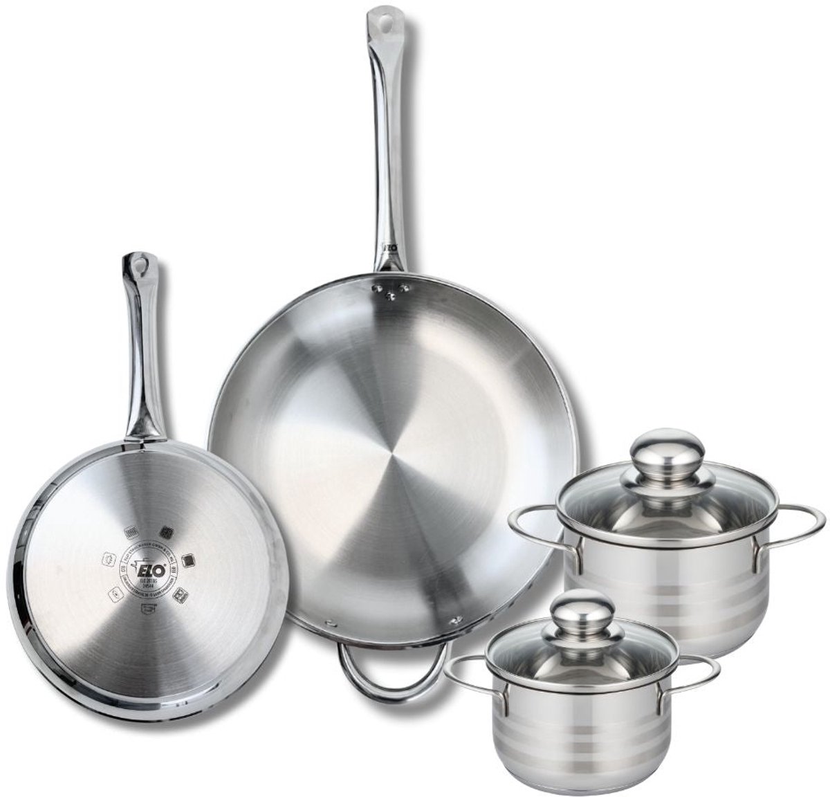 Set van 2 Koekenpannen 24 en 32 cm en 2 Kookpotten 14 en 16 cm Elo Profi Brillant