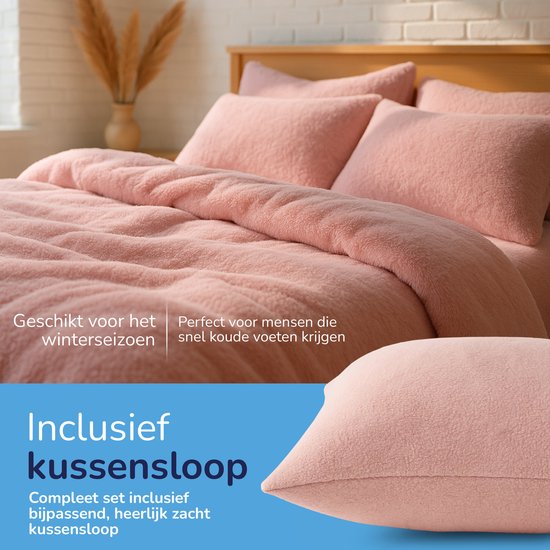Decoware® Teddy Fleece Dekbedovertrek - Roze - Tweepersoons - 200x220 cm + 2 Kussenslopen 60x70 cm - Dubbelzijdig - Heerlijk Warm van Merkloos — afbeelding 2