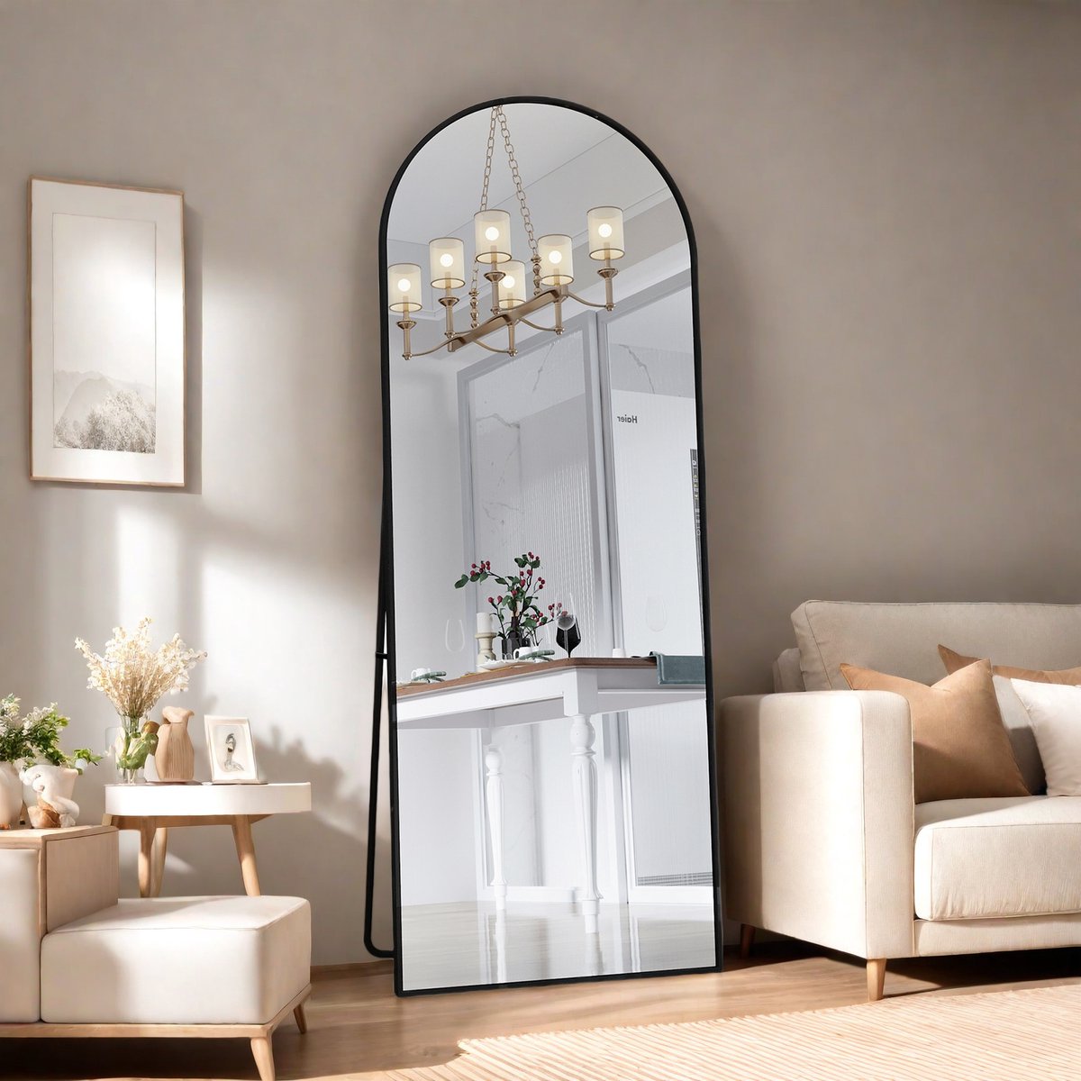 Boog Volledige Lengte Spiegel 162x53 cm – Grote Staande of Wandspiegel, Gewelfd Ontwerp, Zwart Frame
