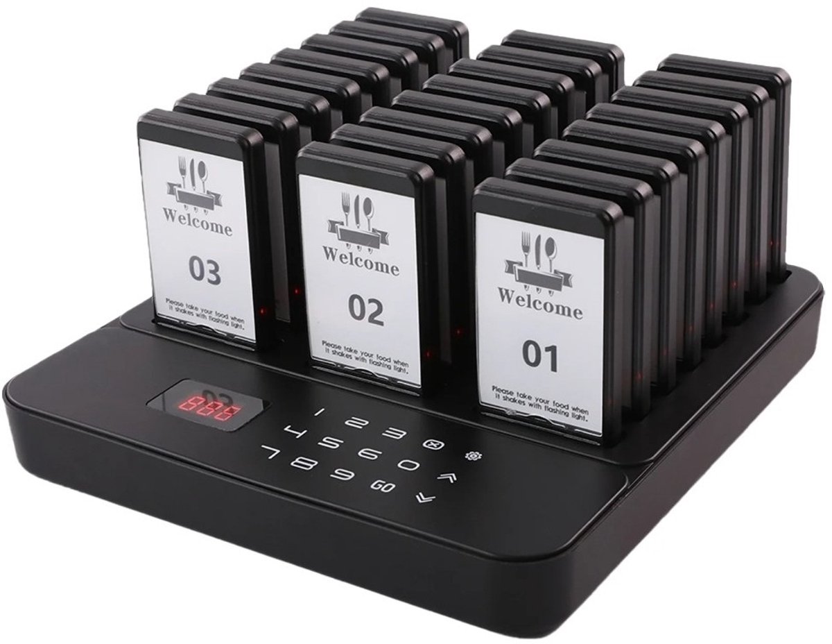 VIKEFON Restaurant Pager Systeem – 24 Coaster Pagers met Trillen, Flits en Buzzer – 433,92 MHz, Waterdicht – Ideaal voor Café, Foodtruck & Fastfood