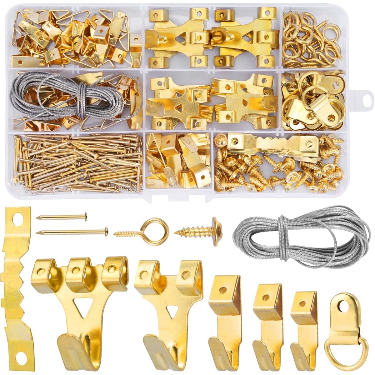 EXCITAT Fotolijsthaken - Schilderijophangset - Inclusief schroeven, spijkers, D-ringen en ogen, zaagtandhaken, kabel, fotolijsthaken - 250 stuks