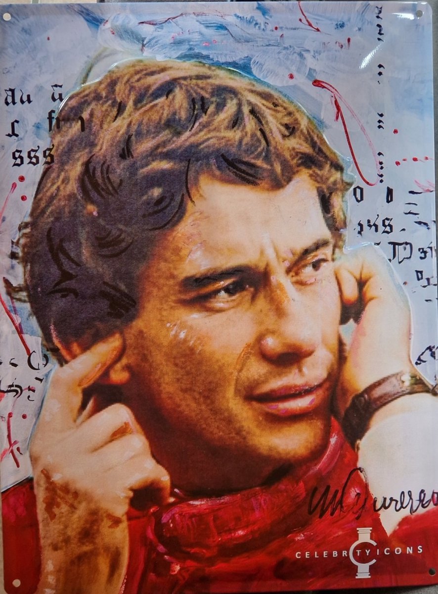 Ayrton Senna da Silva . Metalen wandbord in reliëf 30 x 40 cm. Uit de Celebrity Icons Collectie