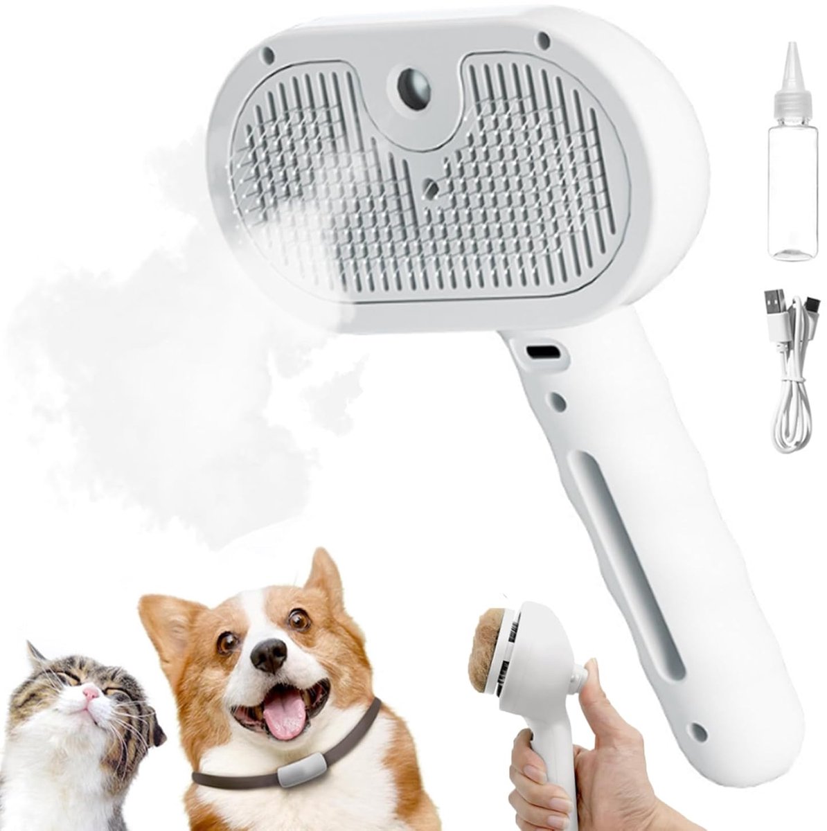 Stoomborstel Kat – Stoomborstel Hond – 3 in 1 Huisdier Spray Ontharingskam voor Katten en Honden – Stoomborstel Hond – Huisdier Verzorgingsborstel met Spray – Stoomborstel Kat – Huisdieren – Hondenborstel – voor Shedding & Verzorging – Wit