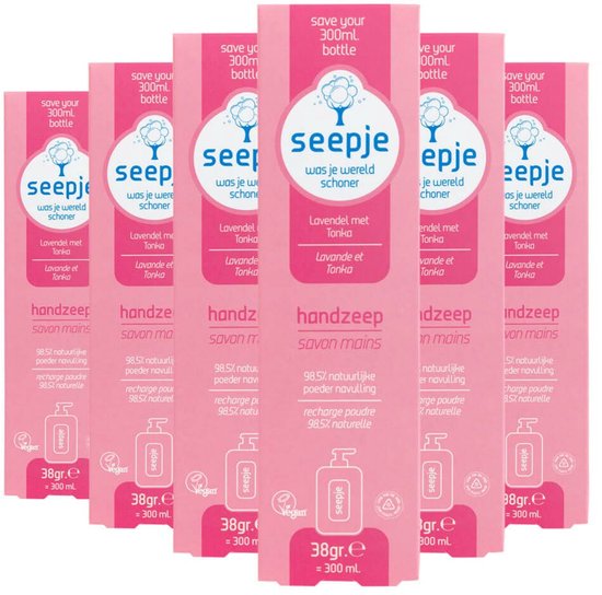 Zes roze Seepje handzeep navulverpakkingen met logo en tekst 'Lavendel met Tonka'.
