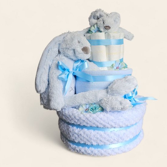 Luiertaart 3 laags blauwe met Rabbit Richie – Perfect Kraamcadeau — afbeelding 3