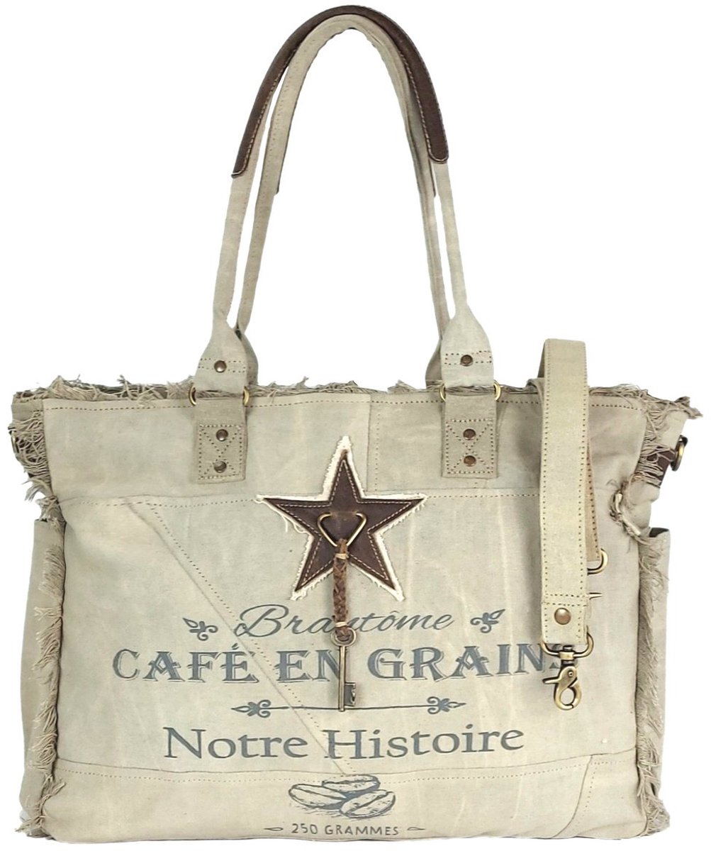 Vintage Schoudertas - Shopper - Weekendtas - Canvas -Beige - Leren details