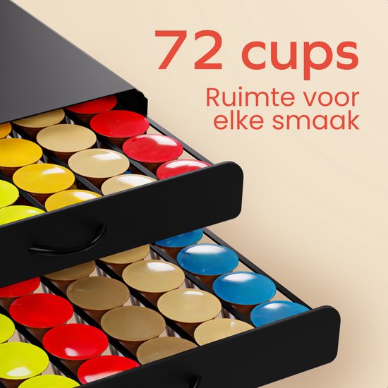 Tiroir ouvert avec 72 capsules de café de différentes couleurs comme le jaune, rouge, beige et bleu.