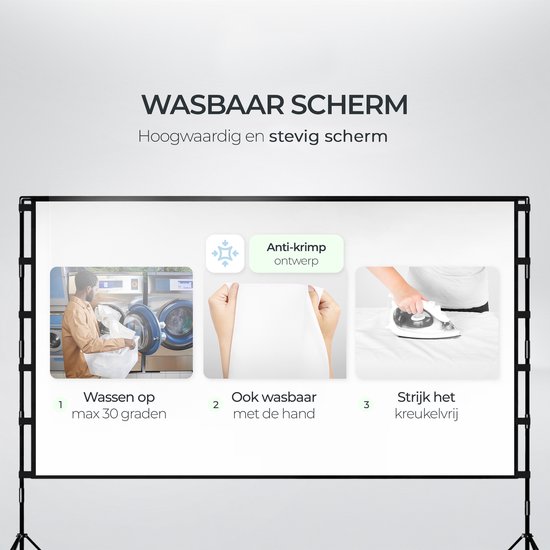 Illustratie van de wasinstructies: wassen op max 30 graden, met de hand wassen, anti-krimp ontwerp, kreukvrij strijken.