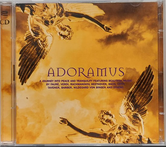 CD-hoes met gouden engelen en de tekst 'Adoramus - A Journey Into Peace and Tranquility'.
