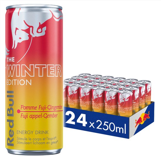 Blik met Red Bull Winter Edition Appel Gember en een doos met 24 blikken. Rode en gele gradiënt met witte tekst "THE WINTER EDITION".