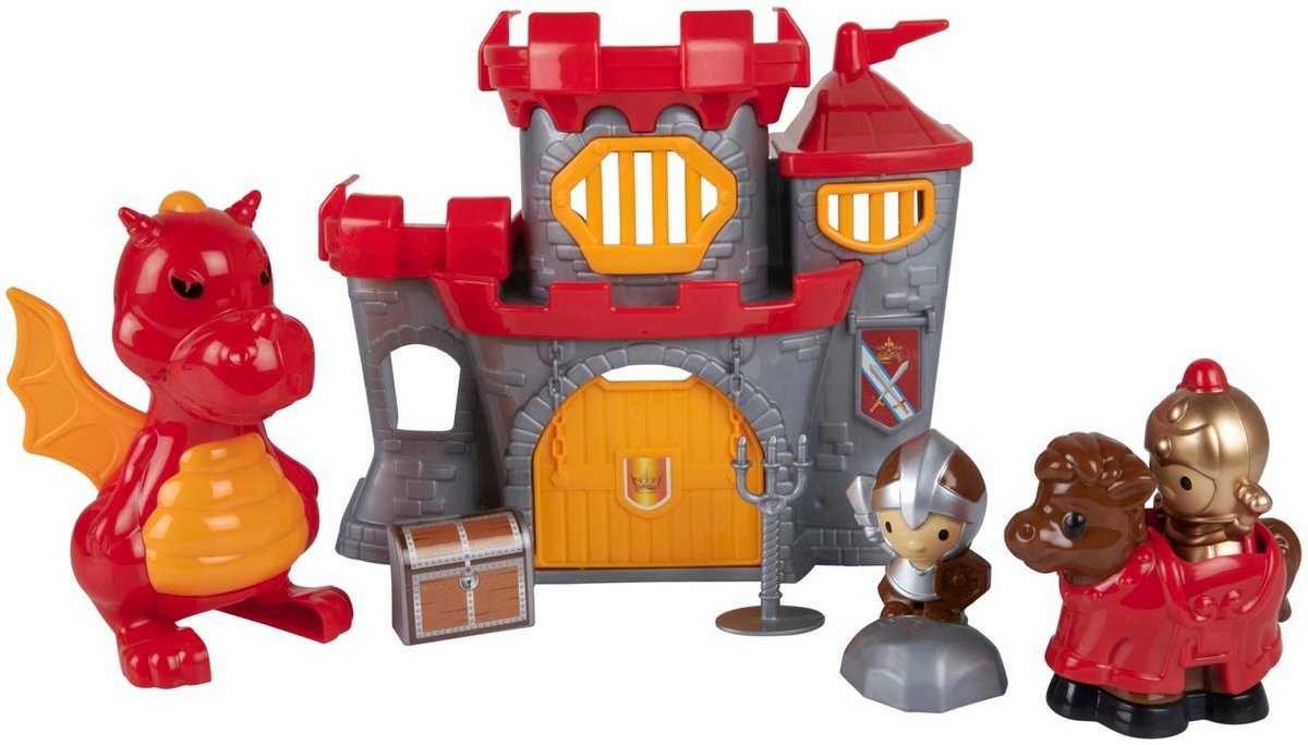 Eddy Toys Kasteel Speelset 8 Stuks – Kasteel Speelgoed met Draak en Ridder – Middeleeuws Speelgoed met Paard en Accessoires – Rood Grijs Kasteel voor Kinderens