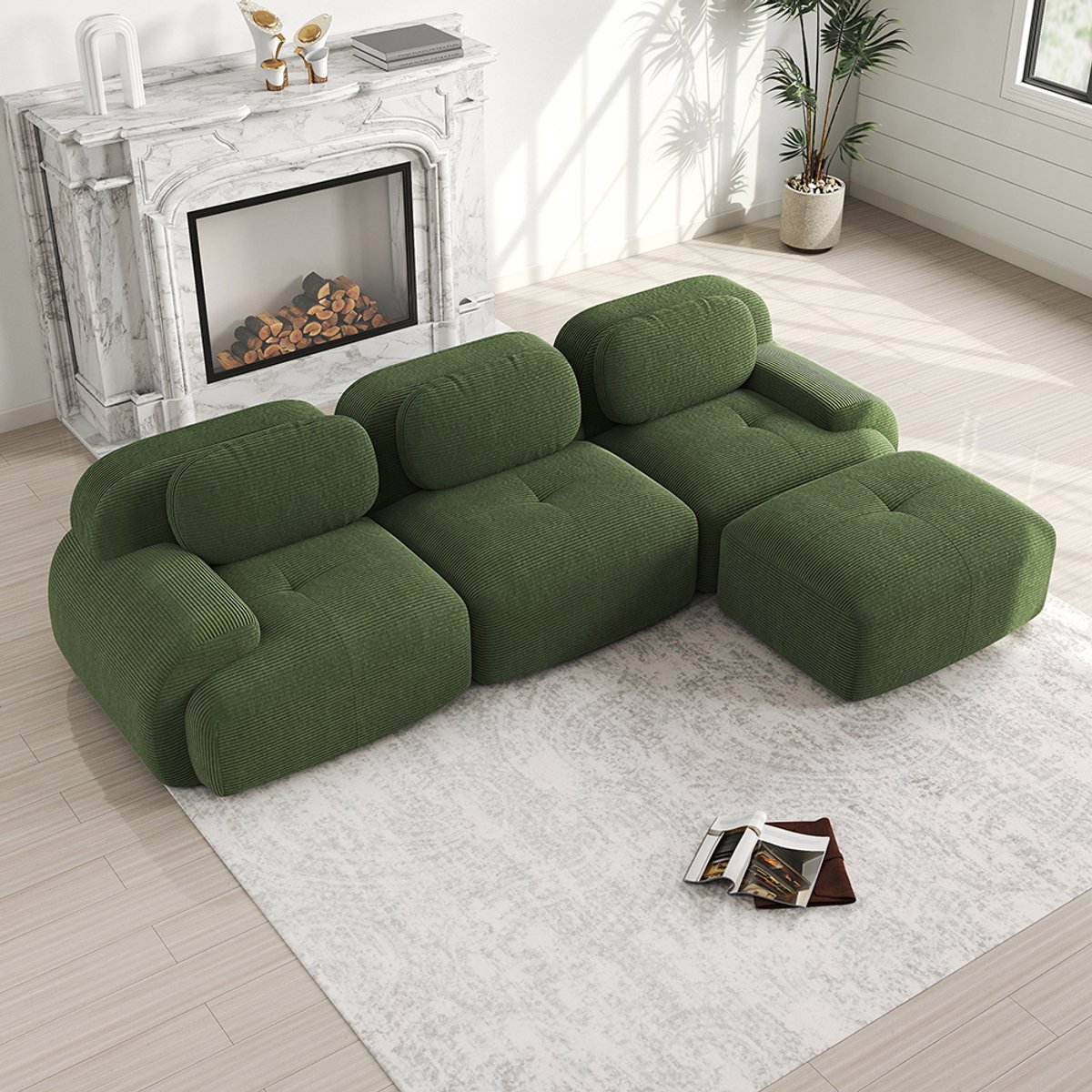 Pugsdrly Modulaire hoekbank zonder montage, ergonomisch en geschikt voor huisdieren, van corduroy met extra brede armleuningen, zeer elastische vulling 32D voor woonkamer en slaapkamer, Green