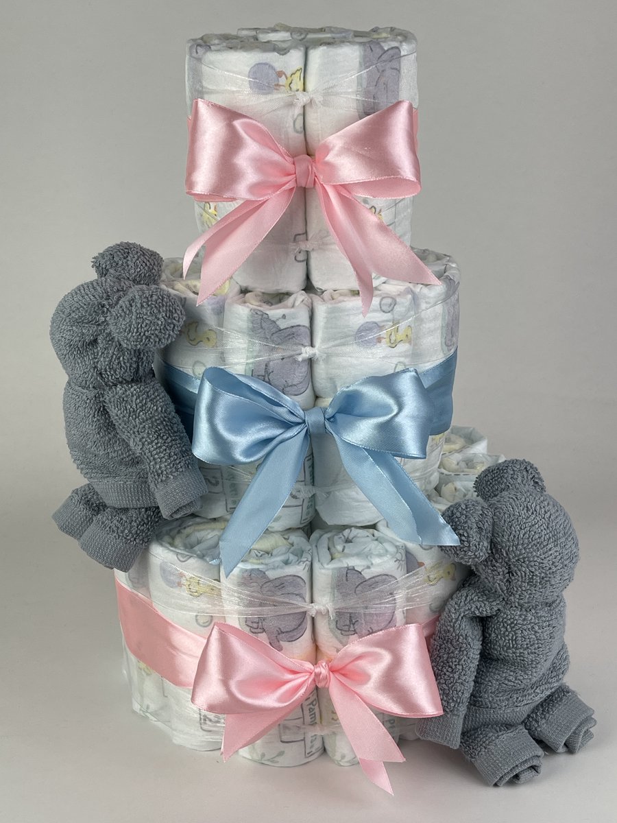 Chouette-Chouette | Luiertaart Neutraal | Kraamcadeau | Geboorte Jongen Meisje | Babyshower | Beren Grey-Blue - Roze - Blauw
