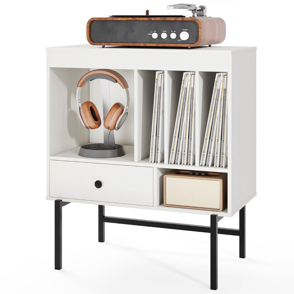 Platenspeler Meubel - LP-kast - Platenspelerkast - Draaitafelstandaard - Platenspelerstandaard - Vintage Displayplank - Wit