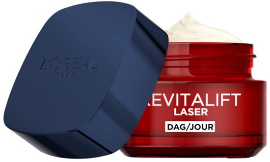 Rood potje L'Oréal Paris Revitalift Laser X3 met open donkerblauwe dop en witte crème.