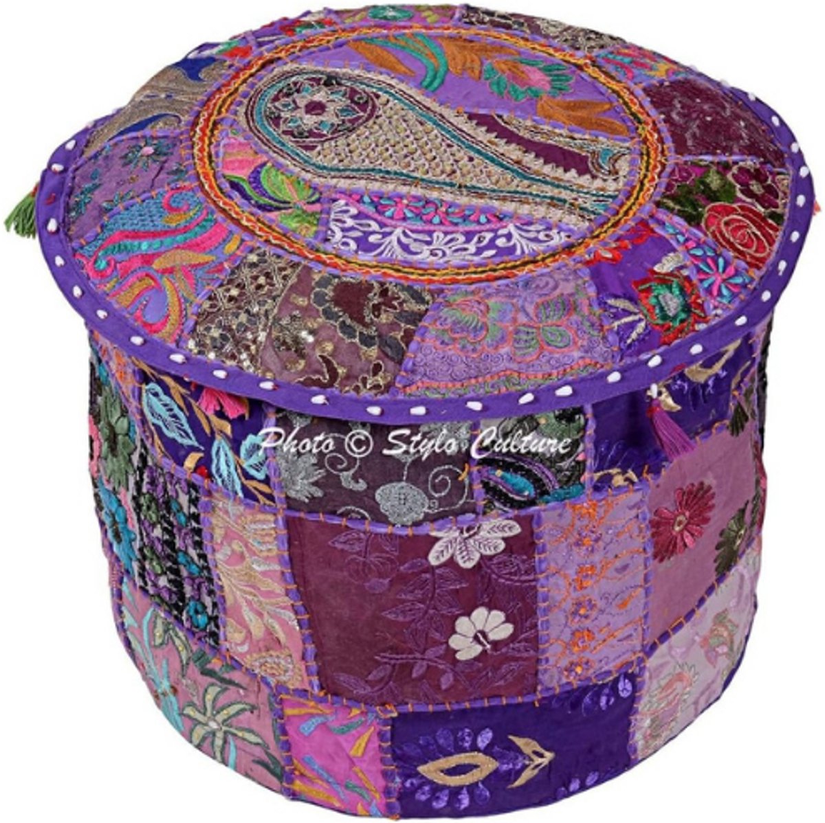 Katoen Patchwork Geborduurde Osmanische Poefhoes - Paarse Bloemen Ottomanen Dekking - Uniek Handgemaakt Meubelaccessoire