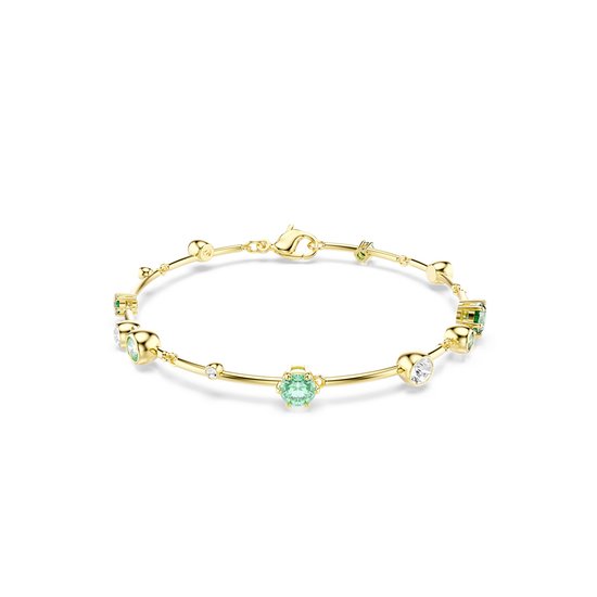 Gouden armband met een grote lichtgroene steen, afgewisseld met ingelegde groene en witte steentjes en gouden bolletjes.
