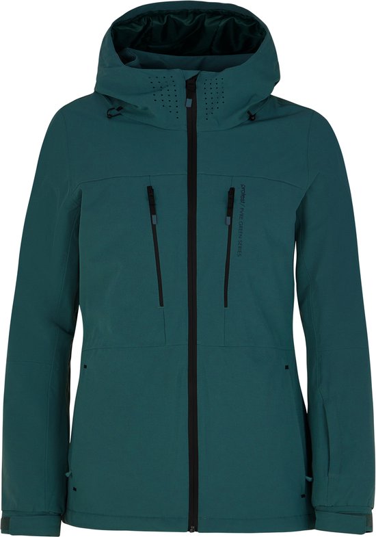Veste de ski vert foncé avec capuche, fermetures éclair noires et inscription "Protest / PURE GREEN SERIES".