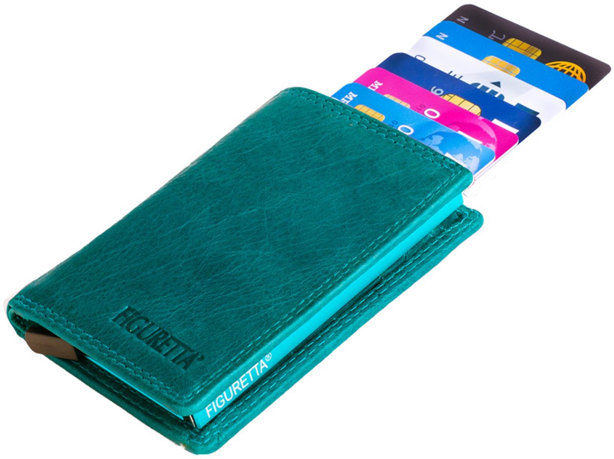 Figuretta Dames Portemonnee met Creditcardhouder - RFID Kaarthouder - Luxe Uitschuifbare Pasjeshouder - Vintage Leer - Petrol Blauw