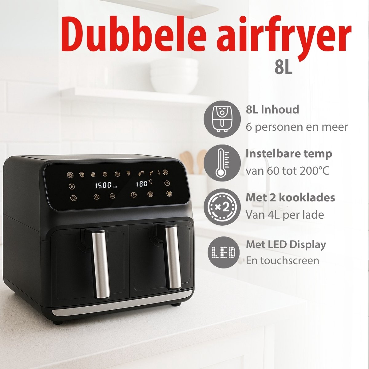Afbeelding 2 van alpina Dubbele Airfryer XL 8L - Heteluchtfriteuse voor 4 tot 8 Personen - Inhoud 2x4L - Digitaal Display - Air Fryer 1700 W - Sync Finish Functie - Zwart