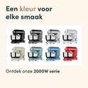 Zeven kleuren keukenmachines, waaronder zwart, grijs, zilver, crème, blauw, groen en rood.