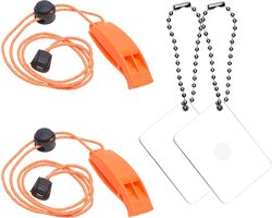 Survival Set - 2x Noodfluitje met Reflecterende Lanyard & 2x Signaalspiegel - Lichtgewicht Noodset voor Wintersport, Kamperen, Hiking, Marine en Outdoor Activiteiten