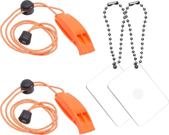 Survival Set - 2x Noodfluitje met Reflecterende Lanyard & 2x Signaalspiegel - Lichtgewicht Noodset voor Wintersport, Kamperen, Hiking, Marine en Outdoor Activiteiten