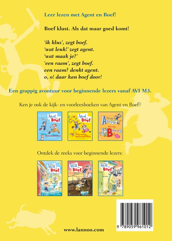 De achterkant van het boek Agent en Boef - de bouw-val, met tekst en illustraties van de boekenreeks.