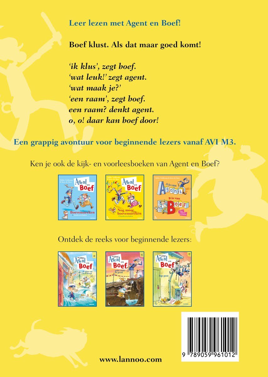 De achterkant van het boek Agent en Boef - de bouw-val, met tekst en illustraties van de boekenreeks.